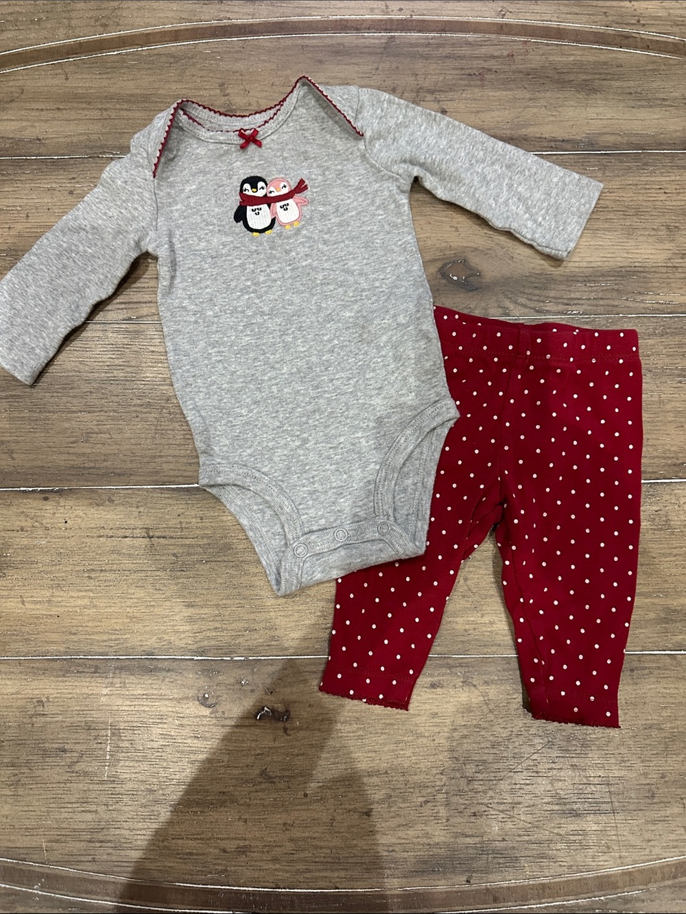 Carter's Gray & Red Penguin Embroidered Bodysuit with Red Polka Dot Pants